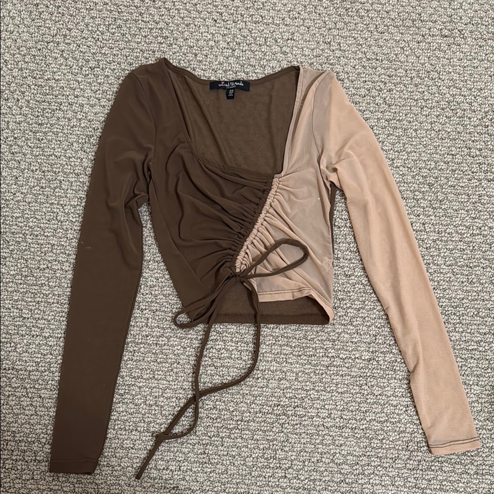 Sheer Brown and Tan Ruched Top